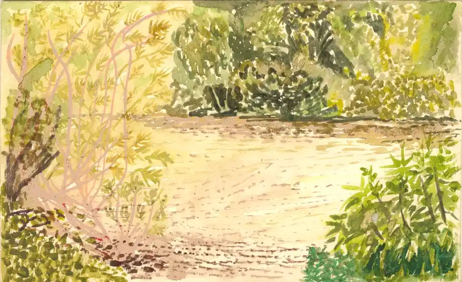 Fishing pond at Chorlton Water (watercolour)